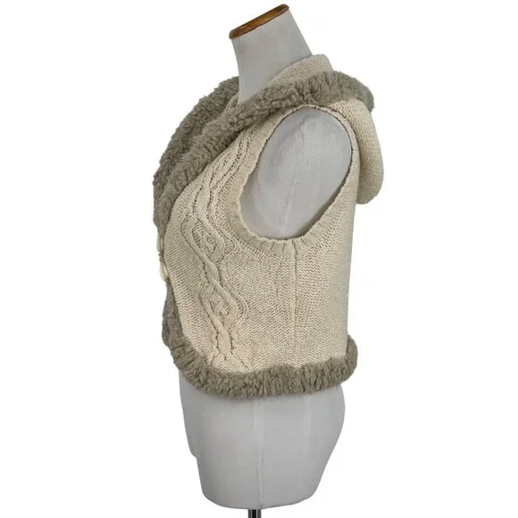 Vtg Y2K Old Navy Cream Cable Knit Faux Shearling Trim Hooded Boho Sweater Vest L - Picture 13 of 16